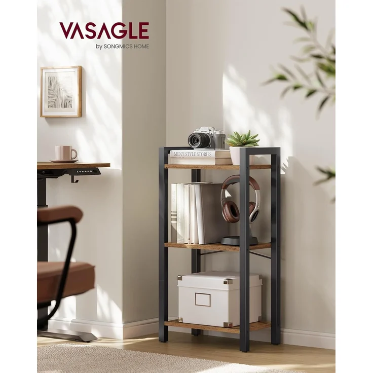 VASAGLE Regal, Bücherregal, Standregal, DVD-Regal, mit 3 Ebenen, Büroregal, offene Ablagen, für Büro, Wohnzimmer, Schlafzimmer, Küche, 24 x 40 x 76,4 cm, vintagebraun-tintenschwarz – Bild 2