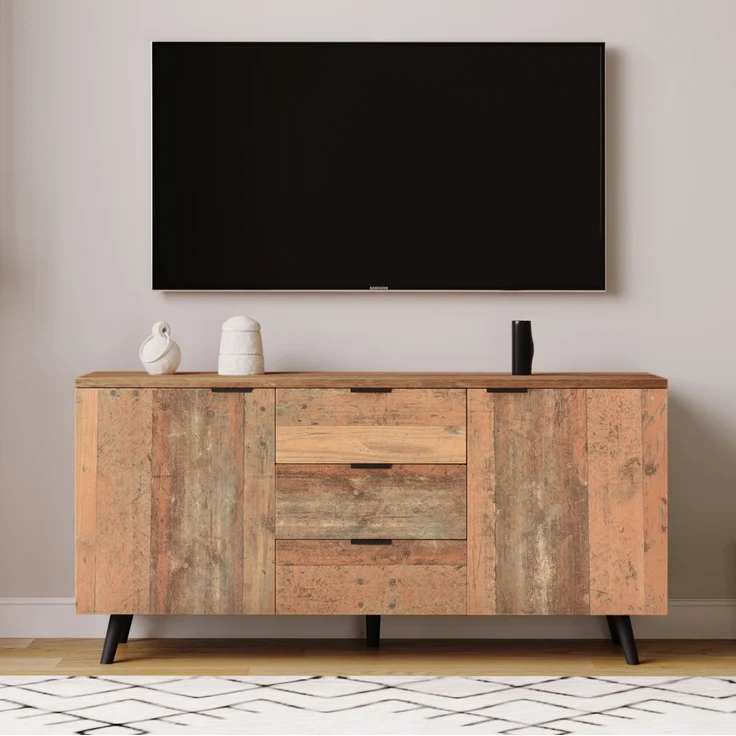DESVIAE Sideboard mit 3 Schubladen und verstellbaren Einlegeböden, 140x70x35 cm, Spanplatte, Antikbraun – Bild 2