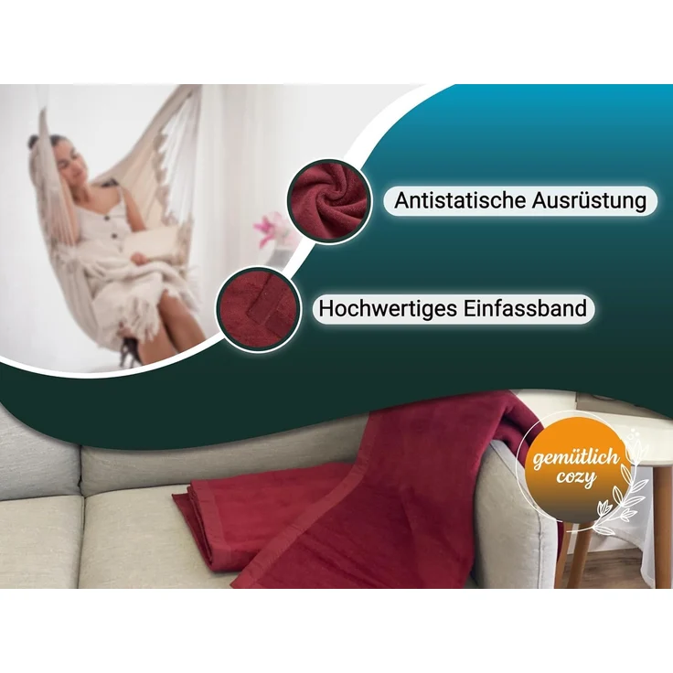 ZOLLNER Kuscheldecke mit Einfassband, 220x240 cm, weinrot (rot) – Bild 4