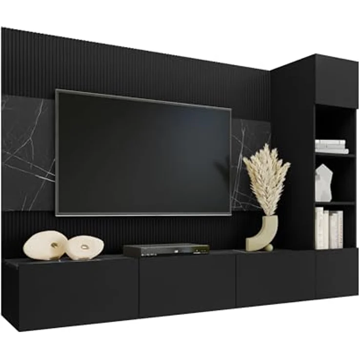 Mirjan24 Wohnwand, Schwarz, Holzwerkstoff in Marmor Optik, 220x150x38 cm, modernes Anbauelement für Wohnzimmer – Bild 1