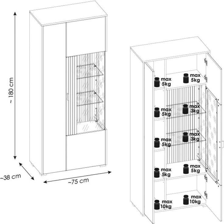 Lomadox Vitrine HUNTER-61 Vitrine Standvitrine Schrank weiß matt Eiche gerillt 75x180x38 cm – Bild 3