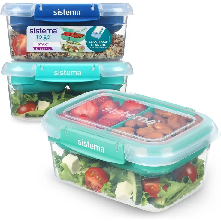 Sistema To Go Stax Frischhaltedosen | 1 L | 3 luftdichte Behälter mit Fächern | Auslaufsichere Versiegelung | Lunchbox Kinder & Erwachsene