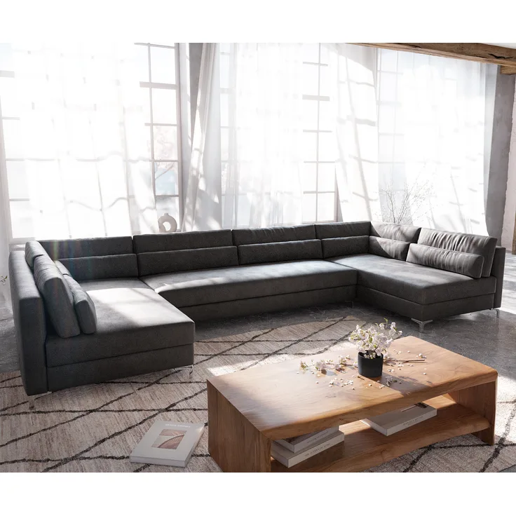 Wohnlandschaft Elio XL 400x185 cm Lederimitat Vintage Anthrazit