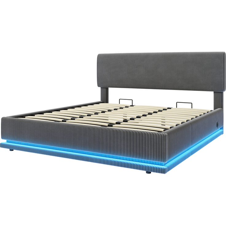 Polsterbett, Cord mit LED & USB-Anschluss, Stauraum & Lattenrost, 180x200 cm, Dunkelgrau, ohne Matratze – Bild 9