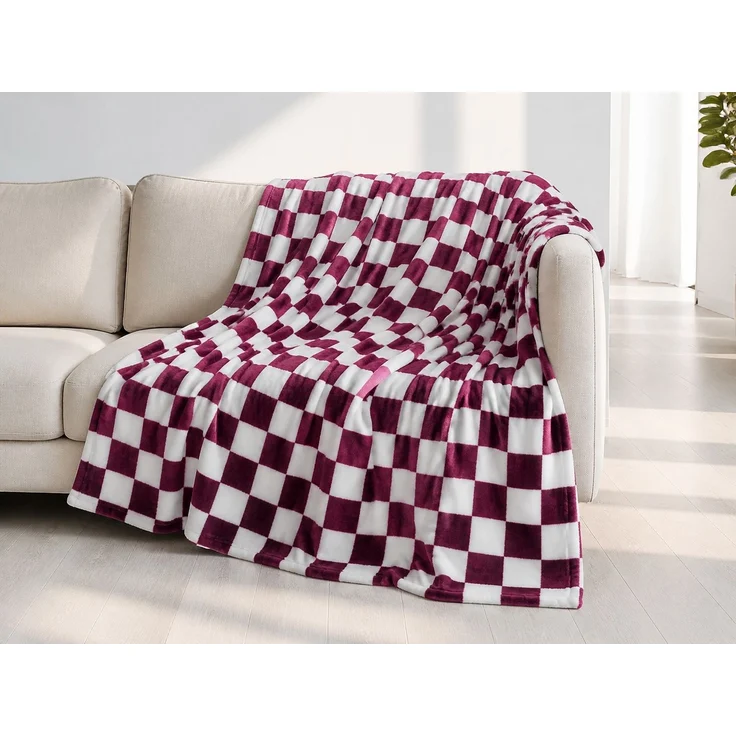 Flanell-Kuscheldecke mit Schachbrettmuster für Sofa und Bett Weiß-Bordeaux, 70x100 cm – Bild 2