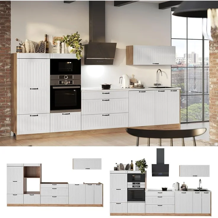 Küchenzeile Fame-Line Weiß Landhaus/Goldkraft Eiche 340 cm, AP Marmor Vicco – Bild 7
