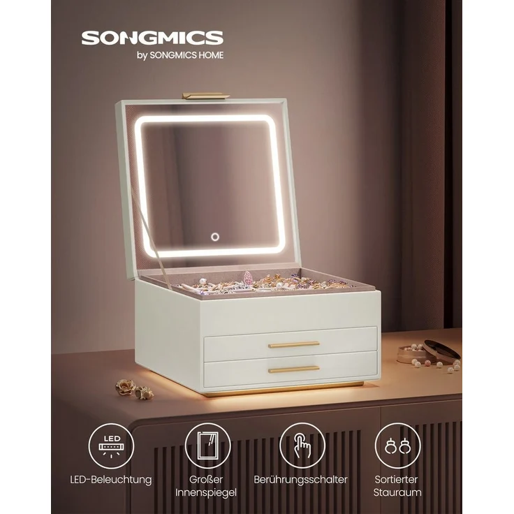 SONGMICS Schmuckkästchen mit Spiegel und Led-Leuchten, Schmuckkasten mit 3 Ebenen, 2 Schubladen, PU, schwebender Sockel, Geschenkidee, 23 x 23 x 14 cm, Weihnachten, cremeweiß-goldfarben JBC169W01 – Bild 2