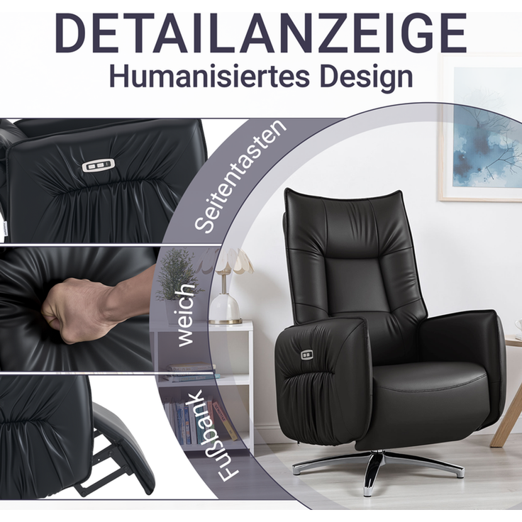 HOME NATURE WOHNKONZEPT Elektrischer Relaxsessel mit USB-Anschluss, elektrisch verstellbarer TV-Sessel mit Liegefunktion, Kunstleder Schwarz, bis 350 kg, FT9208 – Bild 5