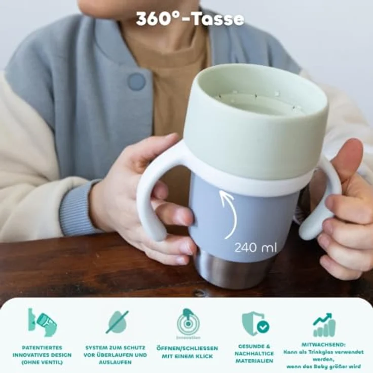Béaba, Edelstahl-Lernbecher Click & Drink – 360°-Becher ohne Ventil, auslaufsicher, kippsicher, mitwachsend, 1-Klick-Öffnung, Baby- und Kinderbecher, 240 ml, Kiesel – Bild 3