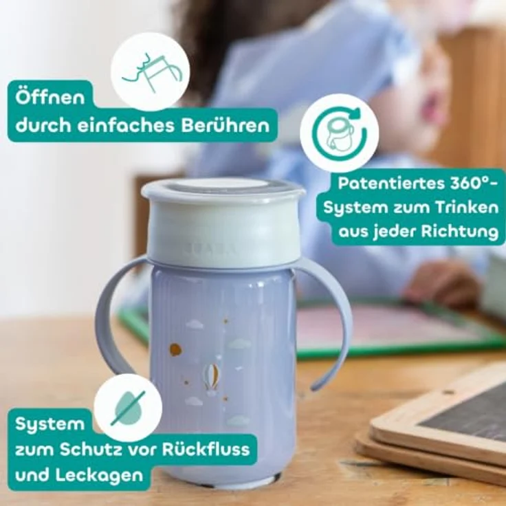 Béaba, 360°-Lerntrinkbecher mit Tropfstopp-Scheibe, patentiertes auslaufsicheres System, ab 12 Monaten, abnehmbare Griffe, mit Hygienedeckel, robust und leicht, 340 ml, Adventure – Bild 3