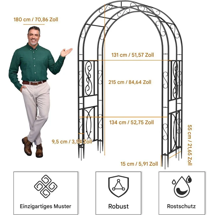 UNHO Gartenbogen aus Metall Schwarz 134 x 55 x 215 cm – Bild 7