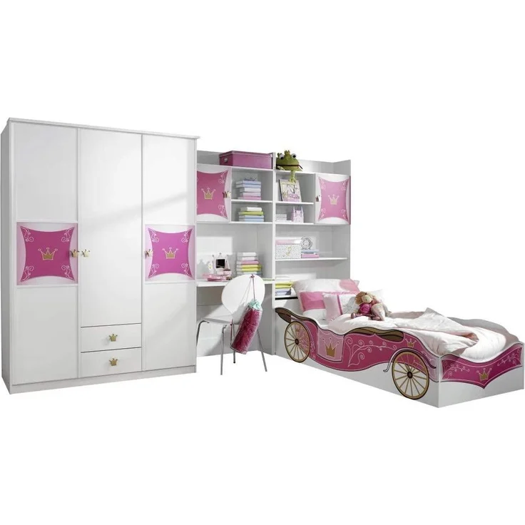 Rauch Möbel Kate Kinderzimmer Mädchenzimmer, Weiß / Motiv Prinzessin, Rosa, Gold, Set bestehend aus Kleiderschrank, Bett, Schreibtisch- und Bettschrank, Gesamtmaße BxHxT 326 x 199 x 238 cm – Bild 2