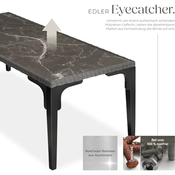 tectake Gartentisch Foggia, großer Rattantisch, grau, rechteckig, 196x87x76 cm, mit marmorierten Feinsteinzeugplatten und robustem Geflecht – Bild 5