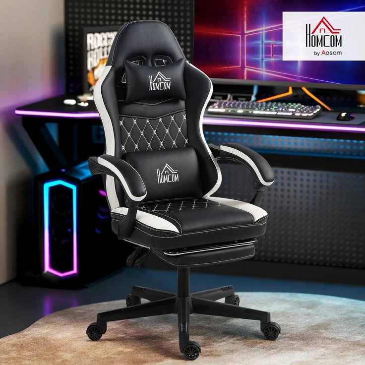 HOMCOM Gaming Stuhl Ergonomischer Gamer Stuhl mit Lendenwirbelstütze, Fußstütze, Höhenverstellbar Gaming Sessel mit Kopfkissen, Liegefunktion Bürostuhl mit Diamantgenähtem Muster Kunstleder Grün – Bild 2