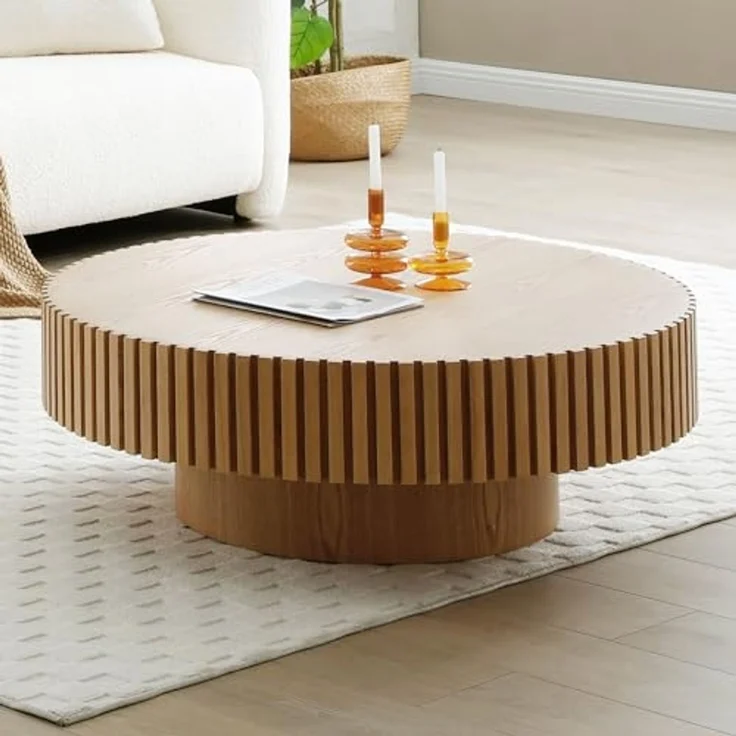 NJLyuhome Elegant Round Coffee Table-MDF Base with Ash Veneer Finish, Modern Design for European Living-Natural – Bild 6