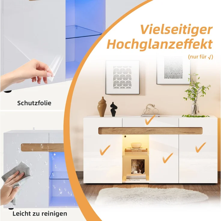 DESVIAE Sideboard mit LED-Beleuchtung und 3 Türen 140x70x40 cm Spanplatte Weiß/Natur – Bild 5