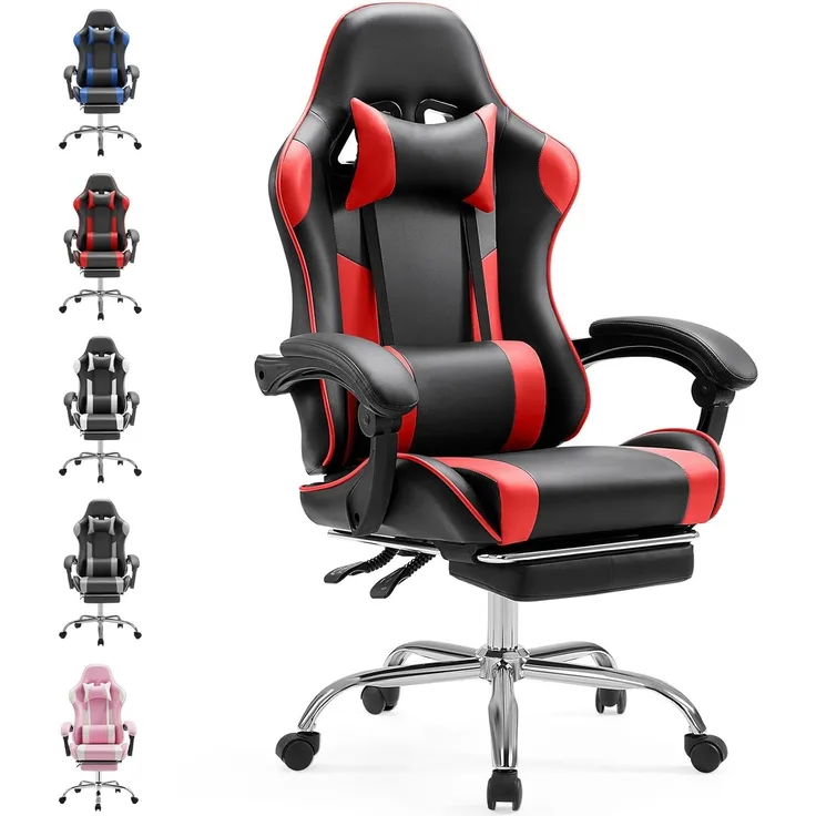 Sweetcrispy Gaming Stuhl,Ergonomischer Bürostuhl mit Fußstütze,Gamer PC Stühle mit Kopfstütze Lendenkissen,90-150° einstellbar Gaming Chair,Leder Drehbar Schreibtischstuhl Computerstuhl,Rot