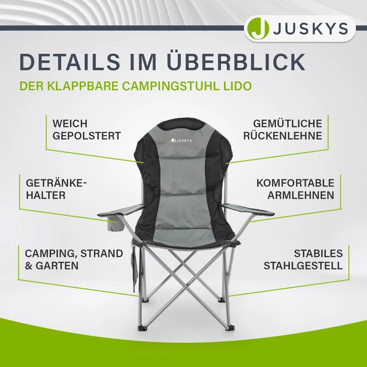 Juskys Campingstuhl Lido mit Getränkehalter & Tasche - Camping Klappstuhl gepolstert - Faltstuhl Angelstuhl Strandstuhl Chair - Stuhl Grau – Bild 5