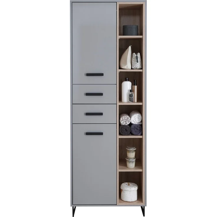 Hochschrank >Tunis< 2 Türen, 2 Schübe, grau matt / sonoma eiche - 65x185x38cm (BxHxT) – Bild 3