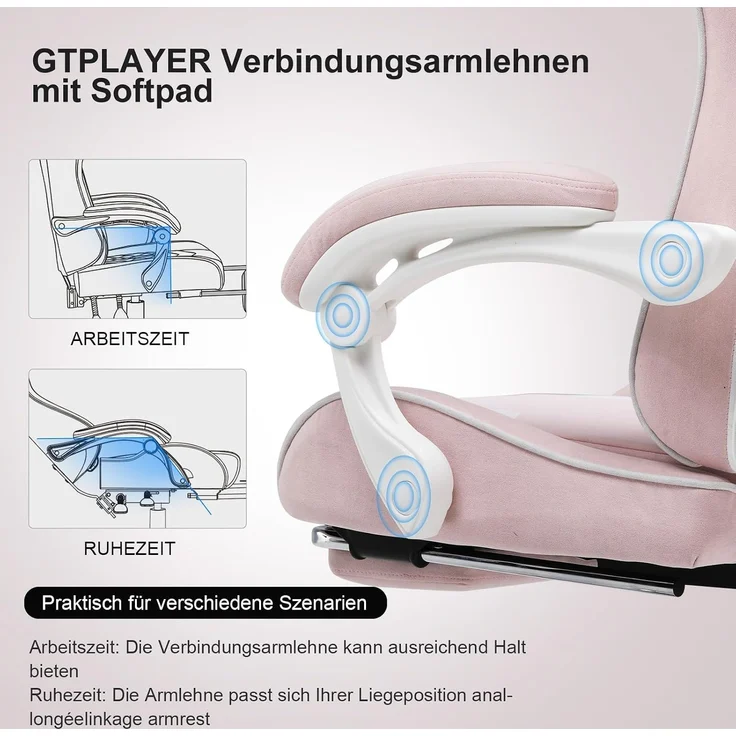 GTPLAYER Bürostuhl Gaming Stuhl Massage Gaming Sessel Ergonomischer Gamer Stuhl mit Fußstütze, Kopfstütze Massage-Lendenkissen, Gepolstert Game Chair, Drehsessel Stoff – Bild 3
