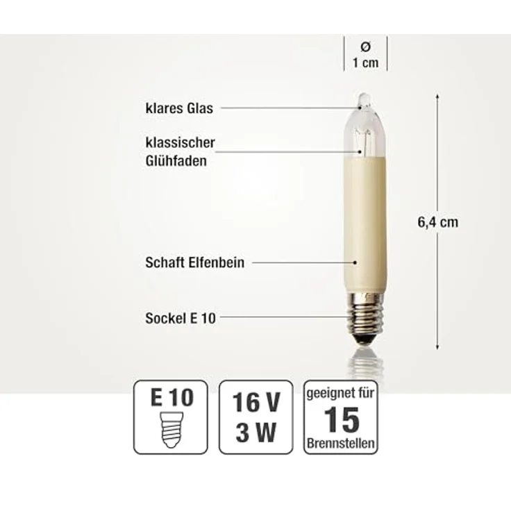hellum Ersatzkerzen Glühfaden 16V 3W für Lichterketten & Schwibbogen, 3 Stück Kleinschaftkerzen E10 (ø10 mm) passend für 15 Brennstellen, 22 Lumen Ersatzkerzen Lichterkette, für innen & außen 934038 – Bild 3