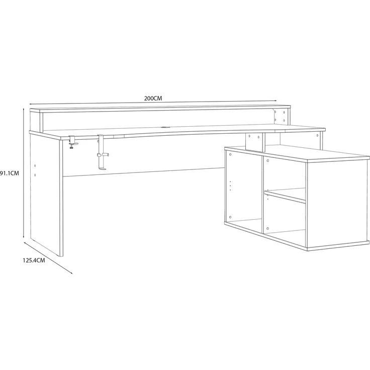 Eckschreibtisch >TEZAUR< LED-Beleuchtung, Ablage, Weiss / Schwarz - 200x91,1x125,4cm (BxHxT) – Bild 4
