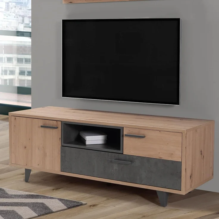 Forte Raven TV-Schrank 150 160, moderner Schrank mit 1 Tür, 2 Schubladen, Holzwerkstoff, Artisan Eiche Holzdekor/Betonoptik Dunkelgrau, 154,5 cm breit x 54,4 cm hoch x 52,2 cm tief – Bild 1