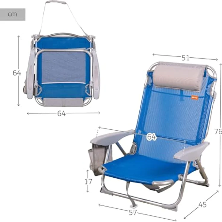 Aktive 62609 Strandklappstuhl mit Kissen, Liegestuhl, 4 Positionen, 62 x 62 x 76 cm, Sitzhöhe 20 cm, Tragegriff, Seitentasche, Blau, Aktive Beach – Bild 4