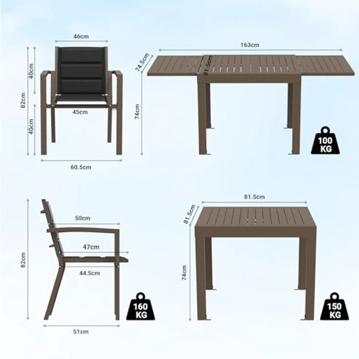 JUMMICO Gartenmöbel 6 Personen Set stapelbar mit Textilpolster & einfach Montiert, Aluminium, Hellgrau – Bild 3