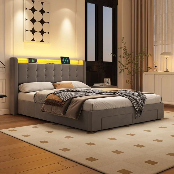 Polsterbett 140 x 190 cm, Samt, mit Bettkasten, Schubladen, USB-Anschluss und LED-Beleuchtung, Dunkelgrau – Bild 4