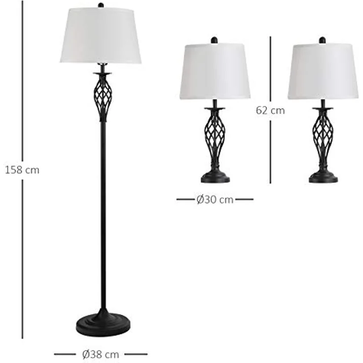 HOMCOM Stehlampe 3er-Lampenset 2 Tischlampe + 1 Stehlampe, Metall, PS, Polyester, Baumwolle, Vintage, Schwarz+Weiß – Bild 7