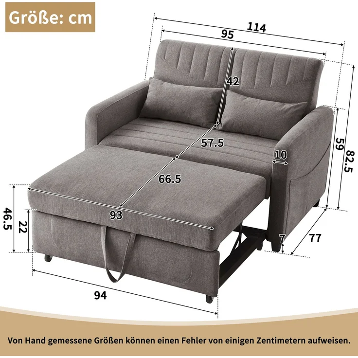 Sofabett 114x77x82,5 cm Grau, ausziehbar mit 3-fach verstellbarer Rückenlehne & Baumwoll-Leinen – Bild 10