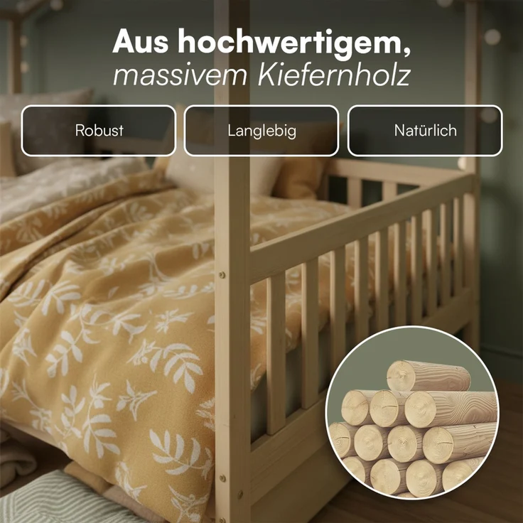 Bellabino 'Bia' Hausbett 120x200 cm mit 2 Schubladen, natur, Kiefer Massivholz, Montessori Kinderbett mit Stauraum, inkl. Rausfallschutz und Lattenrost – Bild 5
