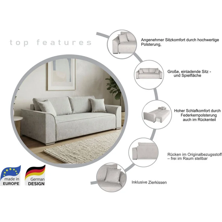 COLLECTION AB Schlafsofa Sara B: 241 cm, Liegefl. 137x195 cm, Bettkasten, optional mit Topper, Schlaffunktion, Couch mit Bonnellfederkern, Gästebettfunktion – Bild 3