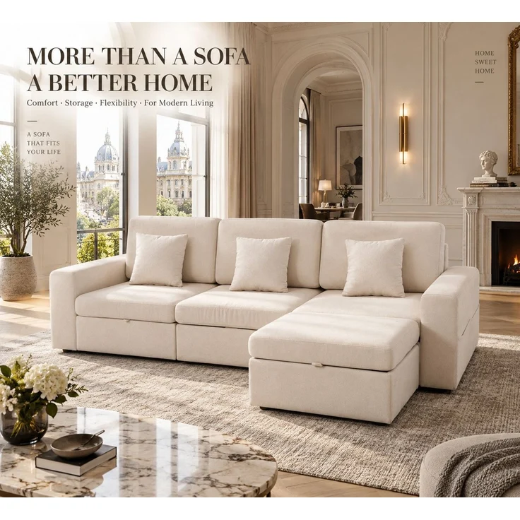 HOMAVO Ecksofa Schlafsofa, Couch L-Form, keine Montage erforderlich, inkl. Zierkissen, FSC® modulares Sofa, optionale Schlaffunktion & flexible Ottomane, Größe modular anpassbar, Stauraum je Sitz & edles Chenille für Komfort – Bild 2