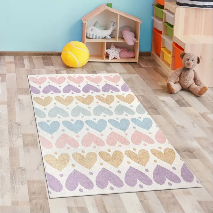 Carpetia Kinderteppich Kinderzimmerteppich mit Pastell-Herzen – gemütlich & pflegeleicht, rechteckig, Höhe: 6 mm