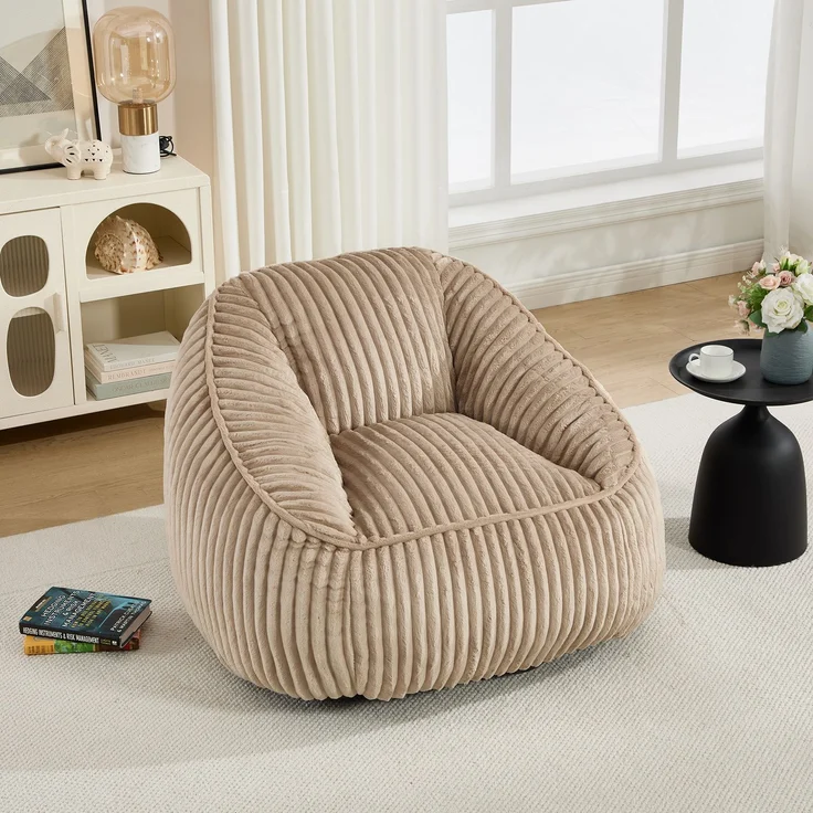 Wohnora-Bean Bag Stuhl mit Memory-Schaumstofffüllung, gestreifter Blasen-Plüsch, flauschig, gemütlich, gemütlicher Sofa für Wohnzimmer, Wohnungen und Schlafsäle,H 73cm x T 98cm x B 92cm,Kamel + Braun – Bild 1