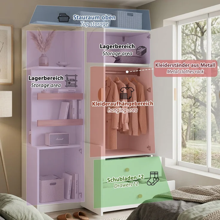 Merax Kleiderschrank mit Stauraum, Mehrzweckschrank in Weiß/Natur, Garderobenschrank mit Schubladen, Kleiderstange und offenen Regalfächern – Bild 8
