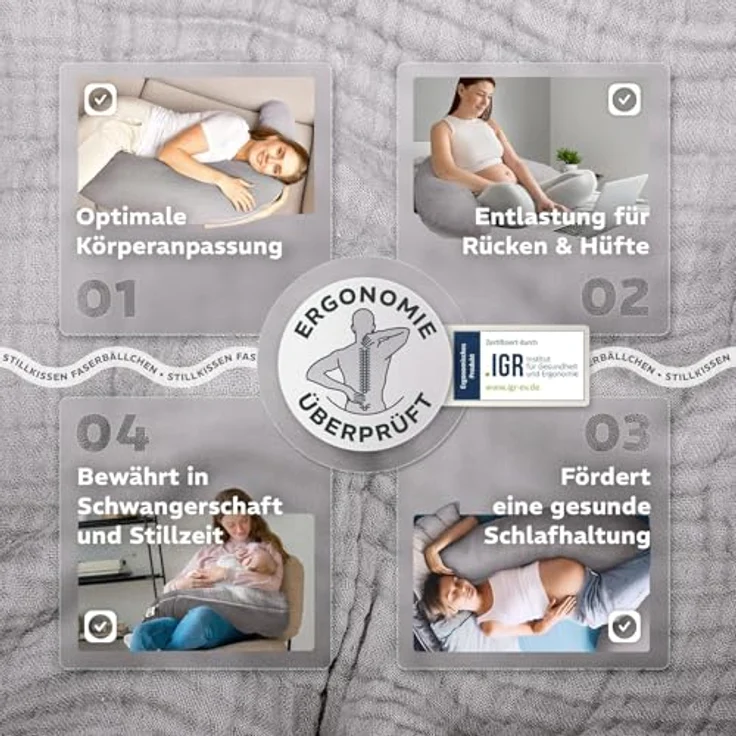 sei Design XXL Stillkissen 190x30 Öko-Tex | Ergonomisches Schwangerschaftskissen Lagerungkissen @extra leise Füllung. Bezug 100% Baumwolle – Bild 8