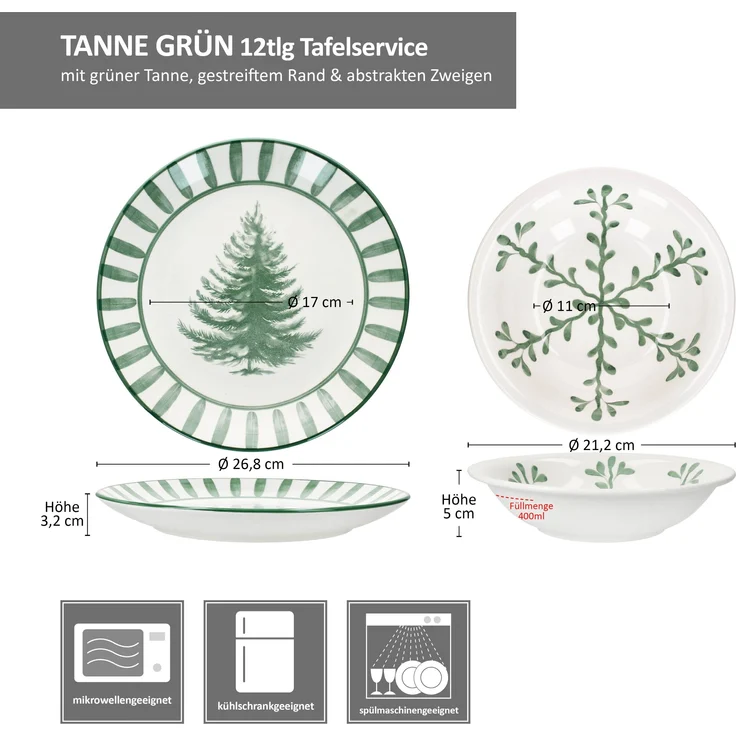 12tlg Tafelservice Tanne grün 6 Personen Essteller Suppenteller Weihnachten – Bild 6