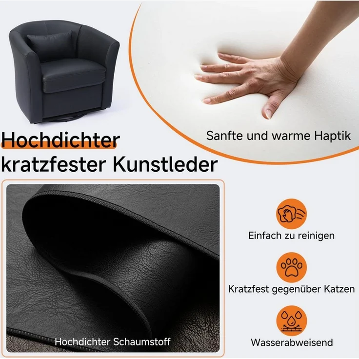 HomeMiYN Drehsessel 360° drehbar, moderner Loungesessel, Kunstleder-Bezug, Bequemer Relaxsessel mit breiter Sitzfläche und weichem Kissen – Bild 4