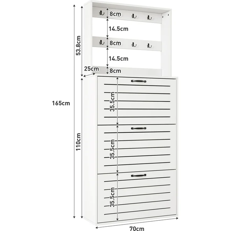 ZUBALIYA Schuhschrank (70 x 25 x 163 cm), 3 Türen, Lamellengestaltung, Aufbewahrung für Schuhe, Hausschuhe und Schuhzubehör, Weiß – Bild 4