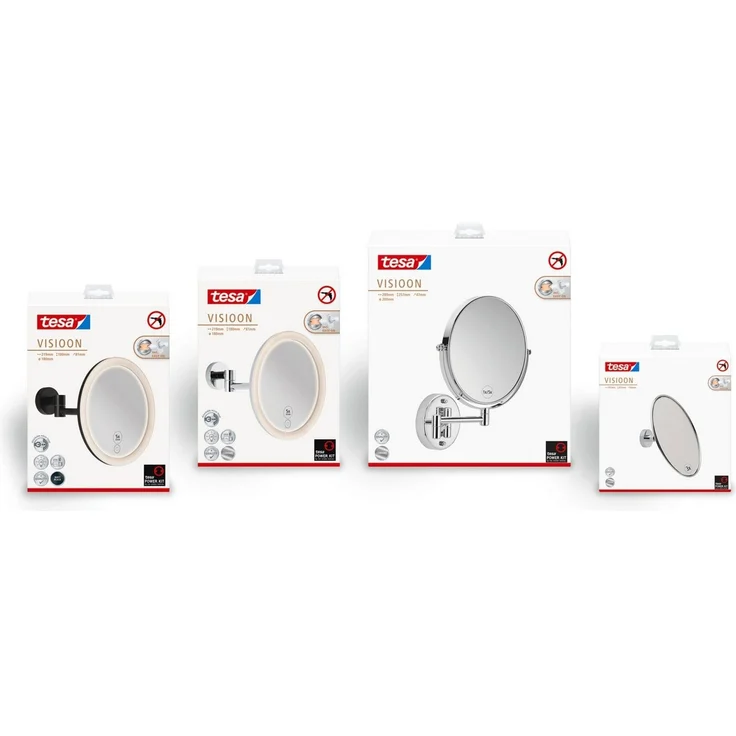 tesa Schminkspiegel Visioon Kosmetikspiegel mit Beleuchtung, Montage ohne Bohren, Chrom (Komplett-Set, 1-St, Make-Up-Spiegel mit Schwenkarm, USB-C-Ladekabel, Power. Kit Klebelösung), Wandspiegel mit dimmbaren LEDs, 5-fach Vergrößerung, Touch-Bedienung – Bild 2