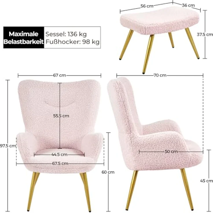 Yaheetech Ohrensessel mit Hocker Polyester-Bezug, Fernsehsessel Armlehnensessel Polstersessel Relaxsessel Cocktailsessel Teddy-Plüsch Stilvolles Design Rosa – Bild 4