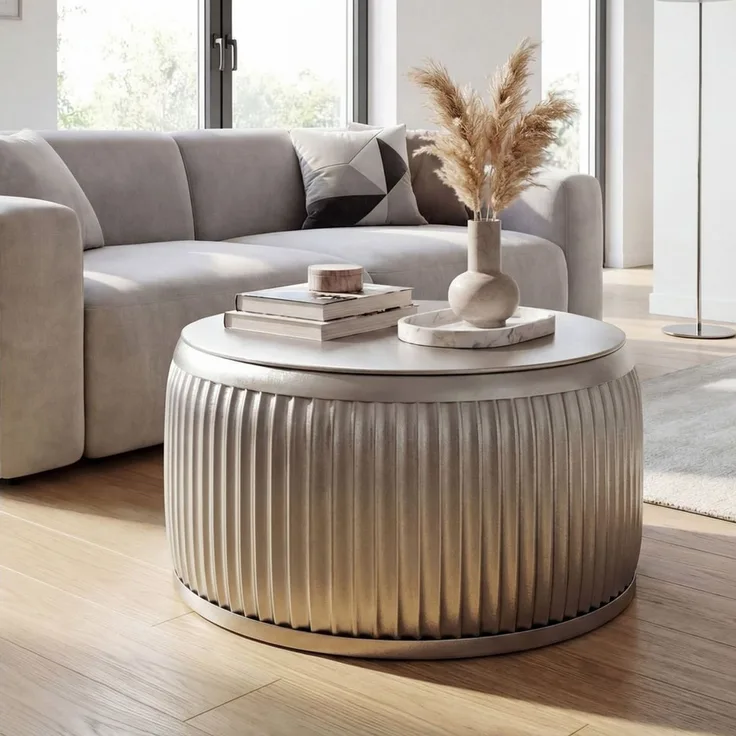 FINEBUY Couchtisch FB76466 Metall Silber Sofatisch 60cm Stauraum Wohnzimmertisch Rund (Extravaganter Tisch mit feiner Rillenoptik), Clevere Tischplatte ist komplett abnehmbar