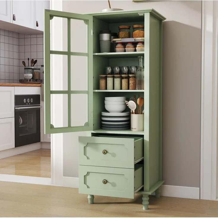 Vitrinenschrank 50x40x133 cm in Mintgrün mit Glastür und 2 Schubladen – Bild 2