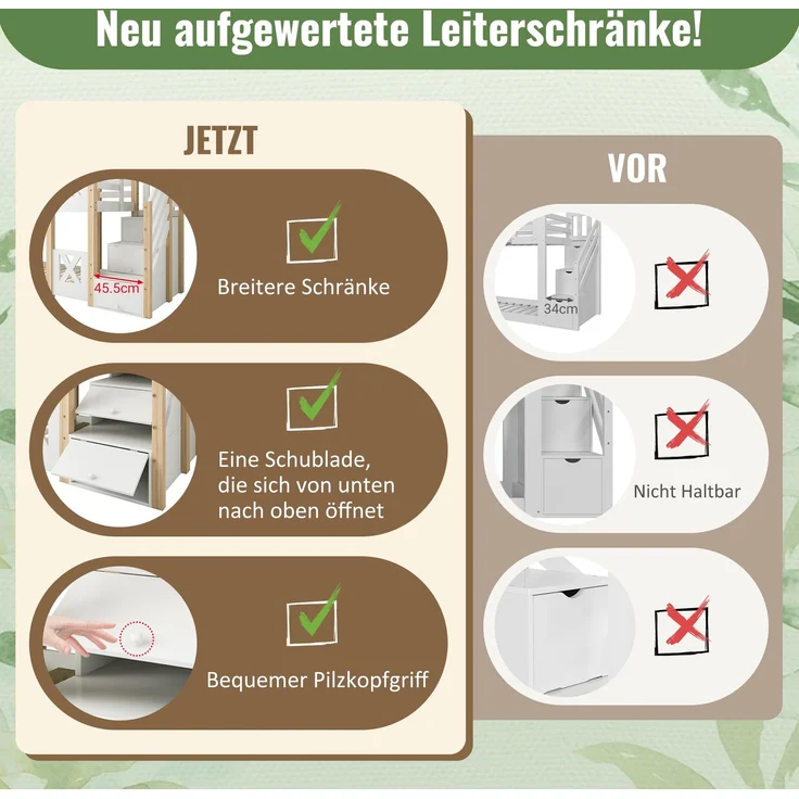 Etagenbett 90 x 200 cm,Kinderbett Baumhaus mit Treppe Stauraum und Rausfallschutz, Hochbett für Kinder– 2x Lattenrost- Natur & Weiß – Bild 4