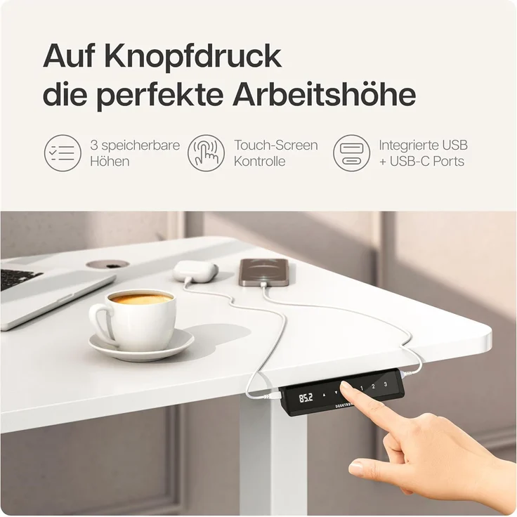 Desktronic Elektrisch Höhenverstellbarer Schreibtischgestell HomePro, Weiß, mit Memory-Funktion, Anti-Kollisions Technologie, USB-A und USB-C-Ladeanschlüssen – Bild 4