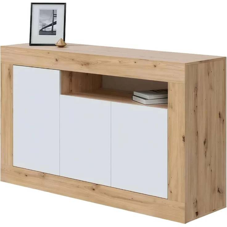 Habitdesign Anrichte mit 3 Türen, Buffet für Wohnzimmer, Beistellschrank, Modell Baltik, Weiß Artik und Nodi-Eiche, Maße: 144 cm (B) x 87 cm (H) x 42 cm (T) – Bild 1