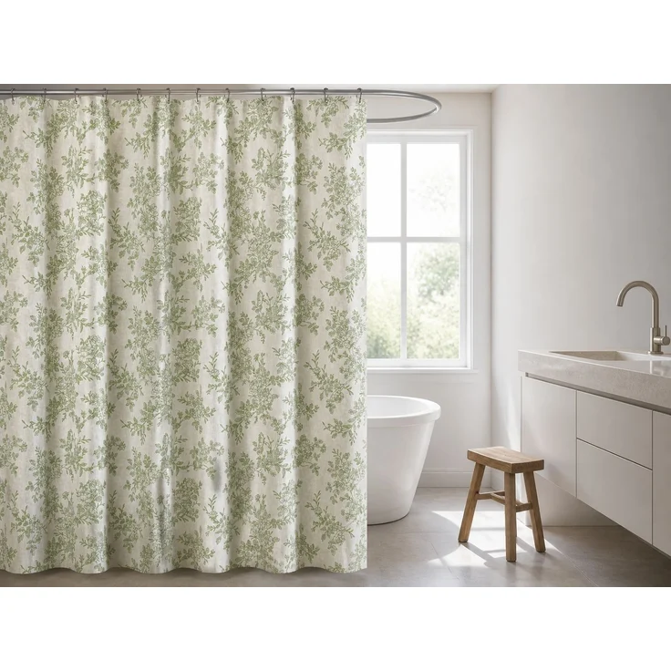 Duschvorhang mit floralem Digitaldruck wasserabweisend und schimmelresistent Weiß-Grün, 150x200 cm – Bild 2